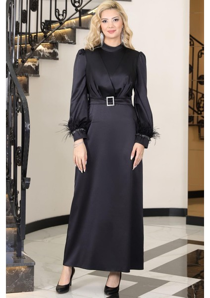 Lara Saten Kemerli Tesettür Abiye Siyah