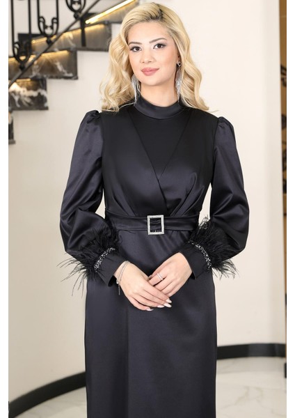Lara Saten Kemerli Tesettür Abiye Siyah fiyatları
