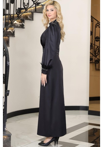 Lara Saten Kemerli Tesettür Abiye Siyah modelleri