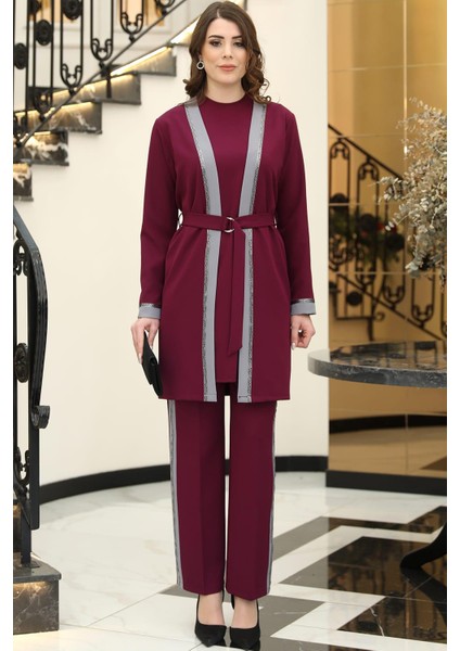 Havin Üçlü Ceket Bluz Pantolon Tesettür Takım Mürdüm Gri