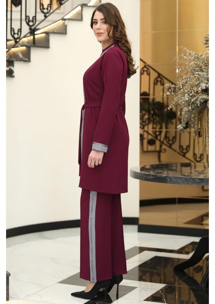 Havin Üçlü Ceket Bluz Pantolon Tesettür Takım Mürdüm Gri modelleri