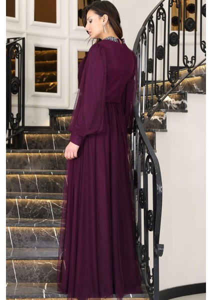 Sena Tesettür Abiye Mürdüm modelleri