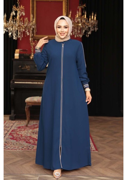 Fermuarlı Indigo Mavisi Tesettür Ferace 26381IM