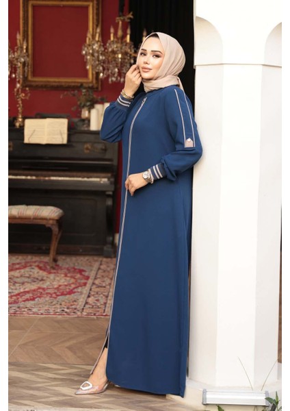 Fermuarlı Indigo Mavisi Tesettür Ferace 26381IM modelleri