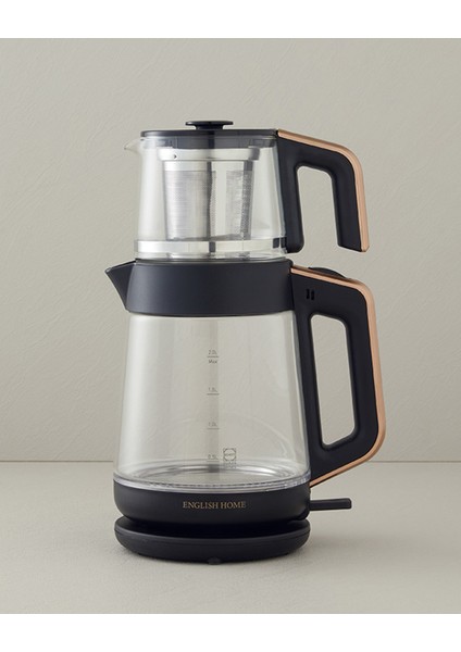 Şık Cam Çay Makinesi ve Kettle Seti, Siyah-Bakır Tasarım, Şık ve Fonksiyonel Kullanım