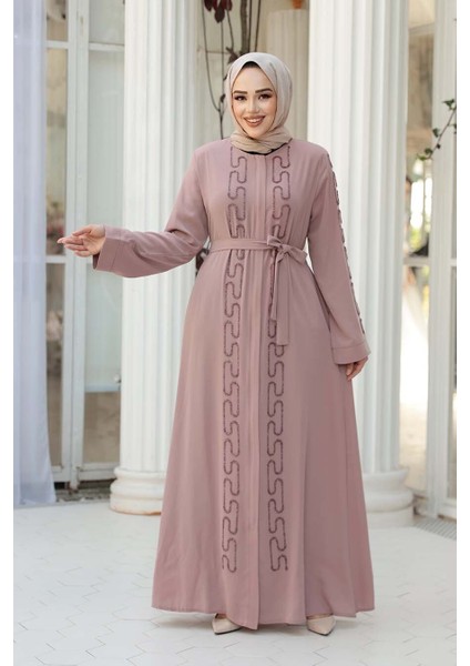 Boncuk Işlemeli Pudra Tesettür Abaya 29118PD