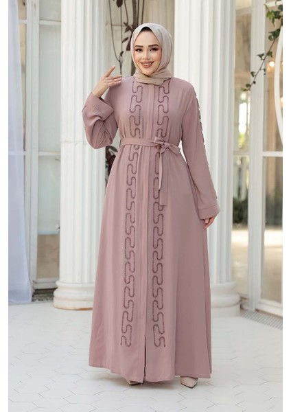 Boncuk Işlemeli Pudra Tesettür Abaya 29118PD fiyatları