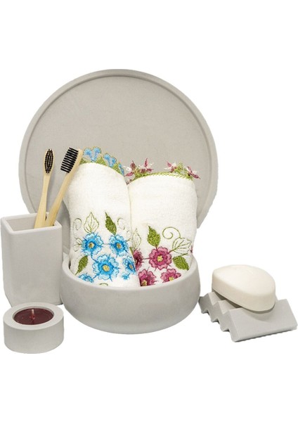 5'li Mermer Desenli Banyo Seti Tuvalet Wc Sıvı Sabunluk Diş Fırçalığı Beton Aksesuarları Takım