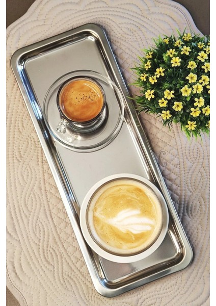 6'lı Paslanmaz Çelik Dikdörtgen Kahve ve Çay Sunum Tepsisi 33X13 cm