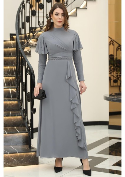 Asil Tesettür Inci Detaylı Elbise Gri