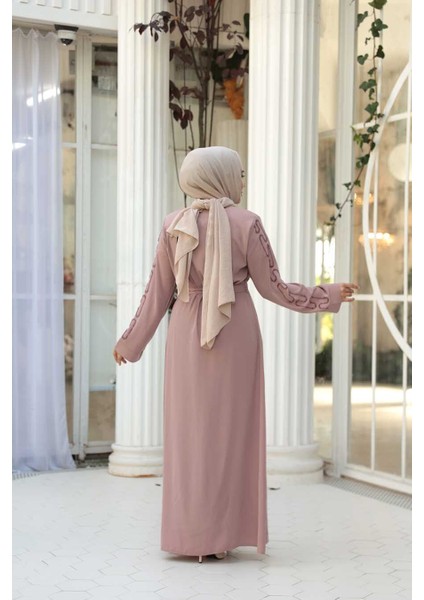 Boncuk Işlemeli Pudra Tesettür Abaya 29118PD modelleri