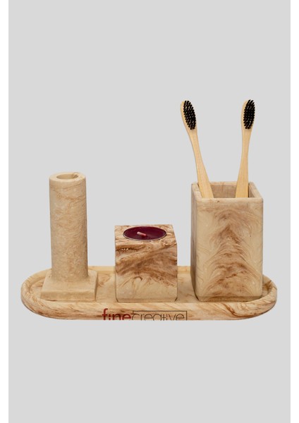 4'lü Mermer Desenli Görünümlü Banyo Seti Tuvalet Wc Sıvı Sabunluk Diş Fırçalığı Beton Aksesuar Takım