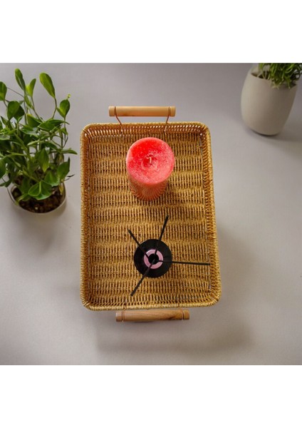 Haki Rattan Dikdörtgen Orta Boy Sunum ve Dekor Tepsi 35X25 cm