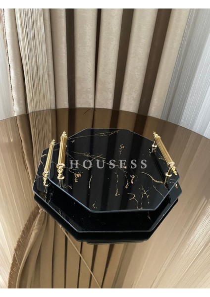 Iki Kişilik Siyah Mermer Desenli Cam Sekizgen Tepsi, Dekoratif ve Şık Tasarım