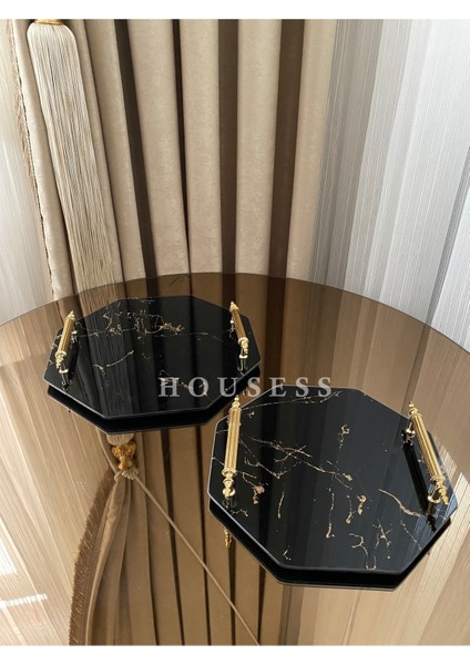 Iki Kişilik Siyah Mermer Desenli Cam Sekizgen Tepsi, Dekoratif ve Şık Tasarım fiyatları