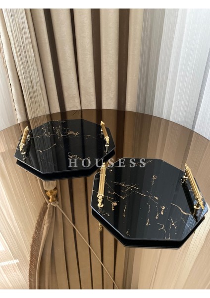 Iki Kişilik Siyah Mermer Desenli Cam Sekizgen Tepsi, Dekoratif ve Şık Tasarım modelleri