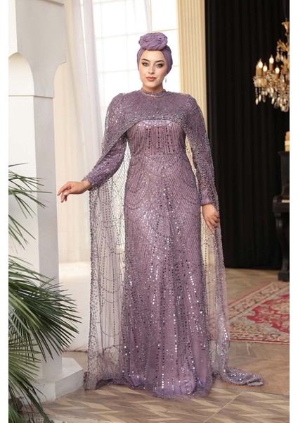 - Pelerin Detaylı Boncuk Işlemeli Lila Tesettür Abiye Elbise 52361LILA