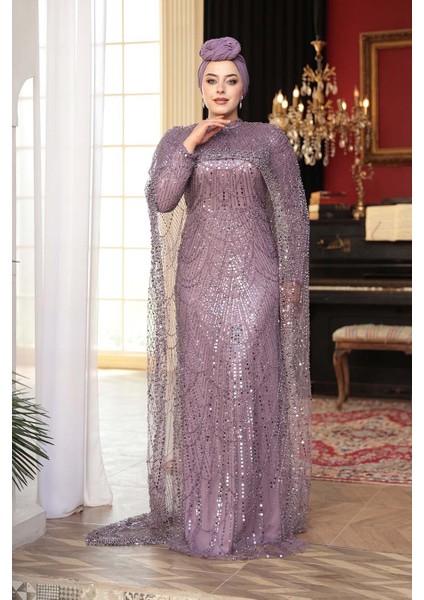- Pelerin Detaylı Boncuk Işlemeli Lila Tesettür Abiye Elbise 52361LILA fiyatları