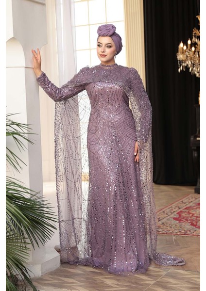 - Pelerin Detaylı Boncuk Işlemeli Lila Tesettür Abiye Elbise 52361LILA modelleri
