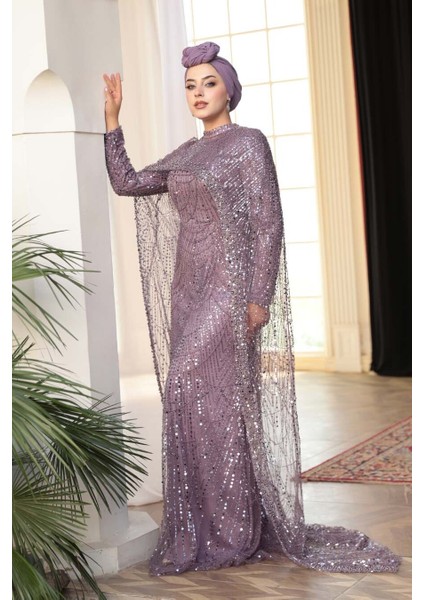 - Pelerin Detaylı Boncuk Işlemeli Lila Tesettür Abiye Elbise 52361LILA fırsatları