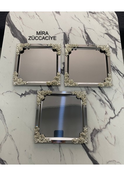 3'lü Lüx Gümüş Çiçekli Kare Kaplama Servis Tepsisi 21X21