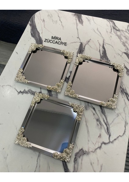 3'lü Lüx Gümüş Çiçekli Kare Kaplama Servis Tepsisi 21X21 fiyatları