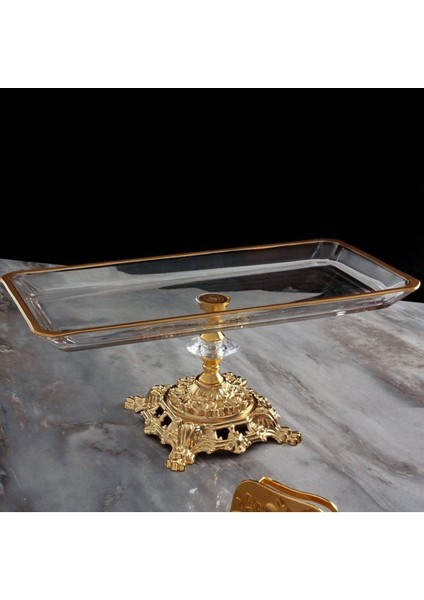 Altın Renkli Metal Dikdörtgen Ayaklı Sunum Tepsisi