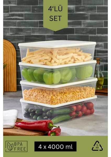 Beyaz 4'lü Saklama Kabı Seti, Mikrodalga ve Derin Dondurucu Uyumlu, 16.000 ml