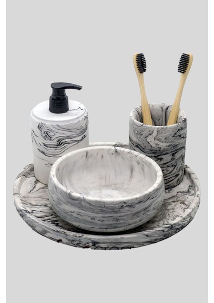 4'lü Mermer Desenli Görünümlü Banyo Seti Tuvalet Wc Sıvı Sabunluk Diş Fırçalığı Beton Aksesuar Takım