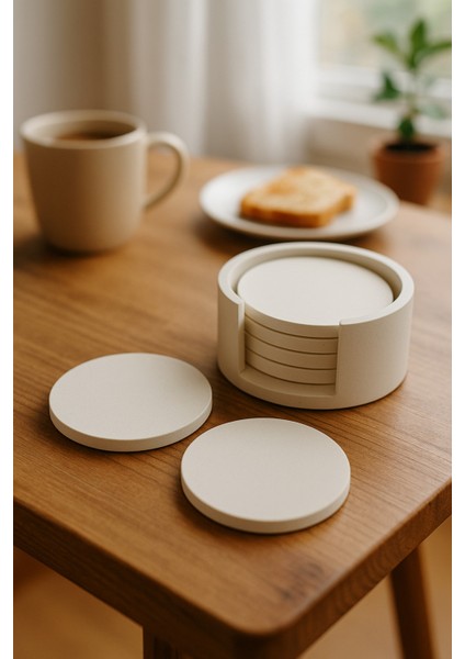 Minimalist Beton Bardak Altlığı Seti - 4’lü | Mat Beyaz | Yuvarlak Tasarım & Stand Dahil