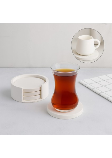 Minimalist Beton Bardak Altlığı Seti - 4’lü | Mat Beyaz | Yuvarlak Tasarım & Stand Dahil fiyatları