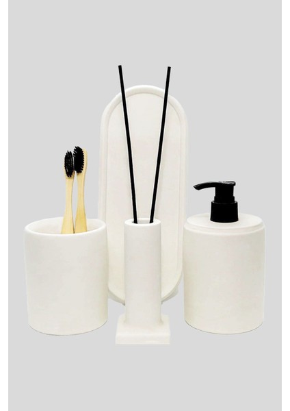 4'lü Mermer Desenli Banyo Seti Tuvalet Wc Sıvı Sabunluk Diş Fırçalığı Beton Aksesuarları Takım Beyaz