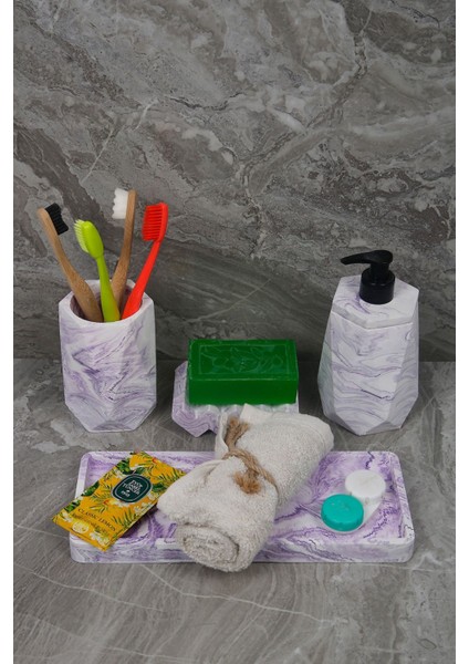 4 Parça Mor Mermer Desenli Beton Banyo Seti Diş Fırçalığı Sıvı Katı Sabunluk Tepsi