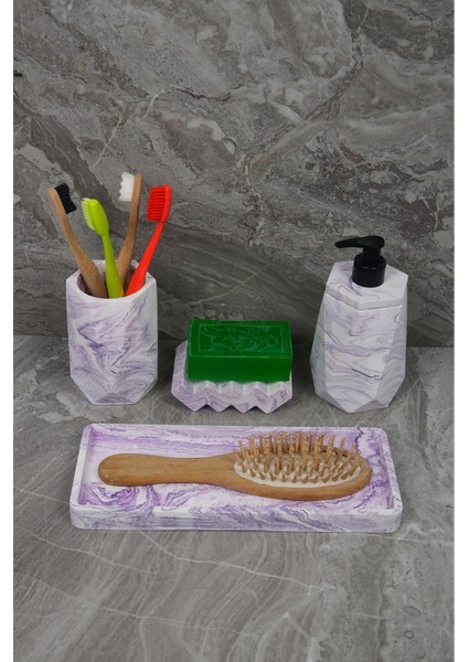 4 Parça Mor Mermer Desenli Beton Banyo Seti Diş Fırçalığı Sıvı Katı Sabunluk Tepsi fırsatları