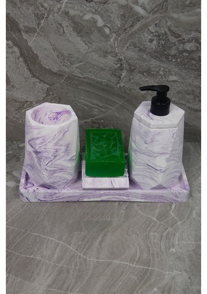 4 Parça Mor Mermer Desenli Beton Banyo Seti Diş Fırçalığı Sıvı Katı Sabunluk Tepsi indirimleri