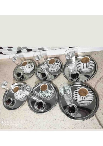 6'lı Yuvarlak Paslanmaz Çelik Tepsi, 22CM, Çay ve Kahve Sunum Seti