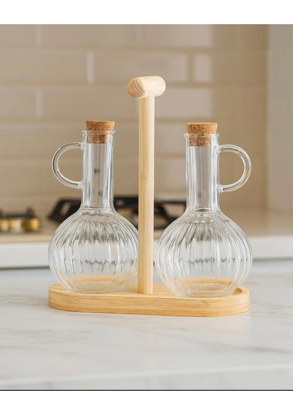Bambu Standlı Cam Yağdanlık Seti, 2'li, Ekru, 3 Parça, Şık ve Fonksiyonel Tasarım