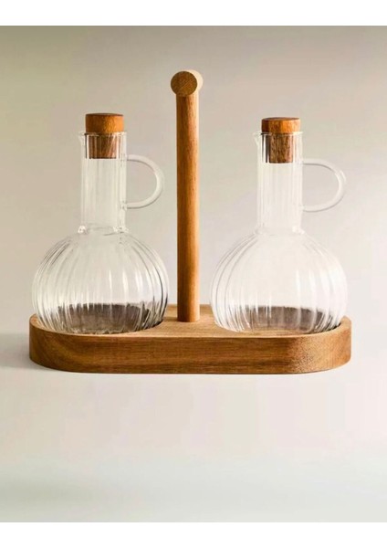 Bambu Standlı Cam Yağdanlık Seti, 2'li, Ekru, 3 Parça, Şık ve Fonksiyonel Tasarım