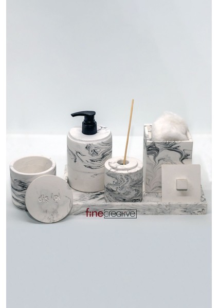 7'li Mermer Desenli Görünümlü Banyo Seti Tuvalet Wc Sıvı Sabunluk Diş Fırçalığı Beton Aksesuar Takım