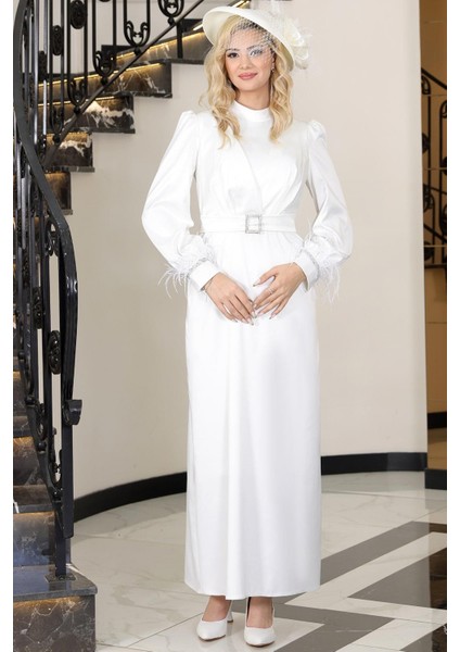 Lara Saten Kemerli Tesettür Abiye Ekru