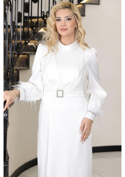 Lara Saten Kemerli Tesettür Abiye Ekru fiyatları