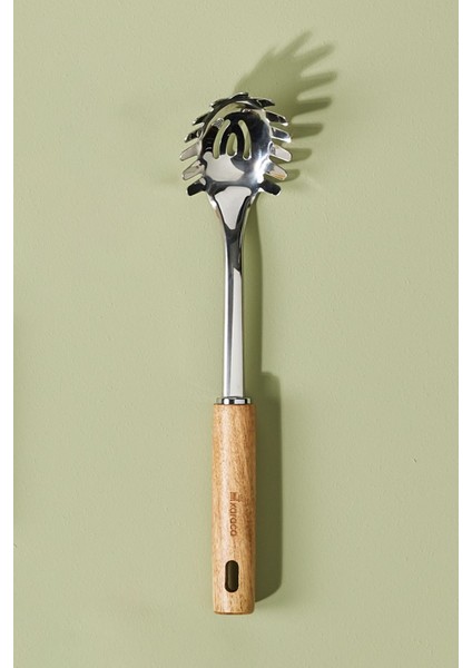 Kahverengi, 30 Cm, Paslanmaz Çelik, Akasya Ağacı Saplı Makarna Kaşığı