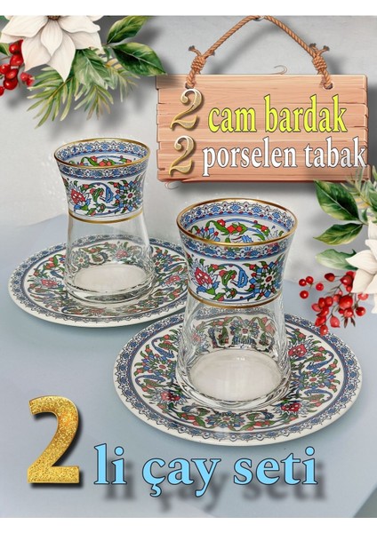 Renkli Çini Motifli 2 Tabak ve 2 Cam Bardak Seti, Şık Iki Kişilik Tasarım