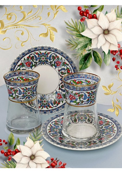 Renkli Çini Motifli 2 Tabak ve 2 Cam Bardak Seti, Şık Iki Kişilik Tasarım fiyatları