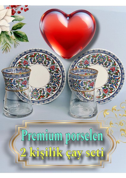 Renkli Çini Motifli 2 Tabak ve 2 Cam Bardak Seti, Şık Iki Kişilik Tasarım modelleri