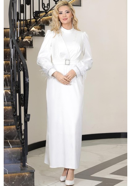 Lara Saten Kemerli Tesettür Abiye Ekru modelleri