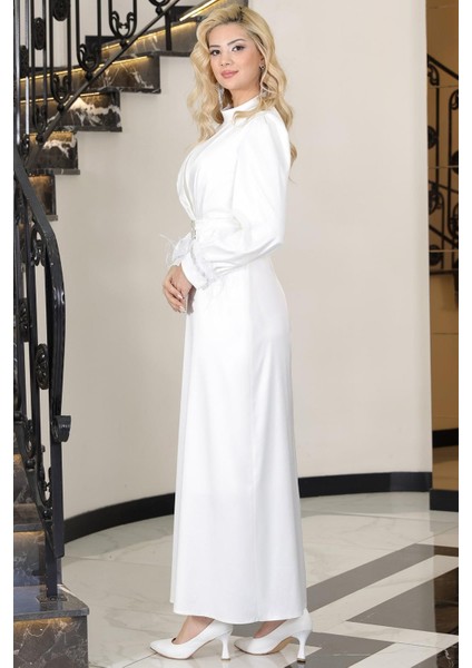 Lara Saten Kemerli Tesettür Abiye Ekru fırsatları