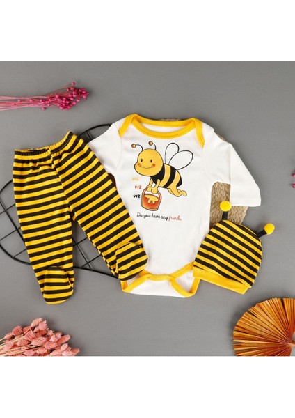 Pamuklu Arı Baskılı Şapkalı 3'lü Zıbın Bebek Set