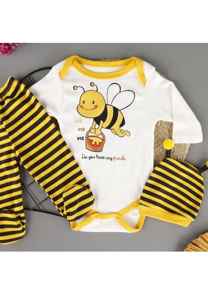 Pamuklu Arı Baskılı Şapkalı 3'lü Zıbın Bebek Set fiyatları