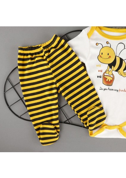 Pamuklu Arı Baskılı Şapkalı 3'lü Zıbın Bebek Set modelleri